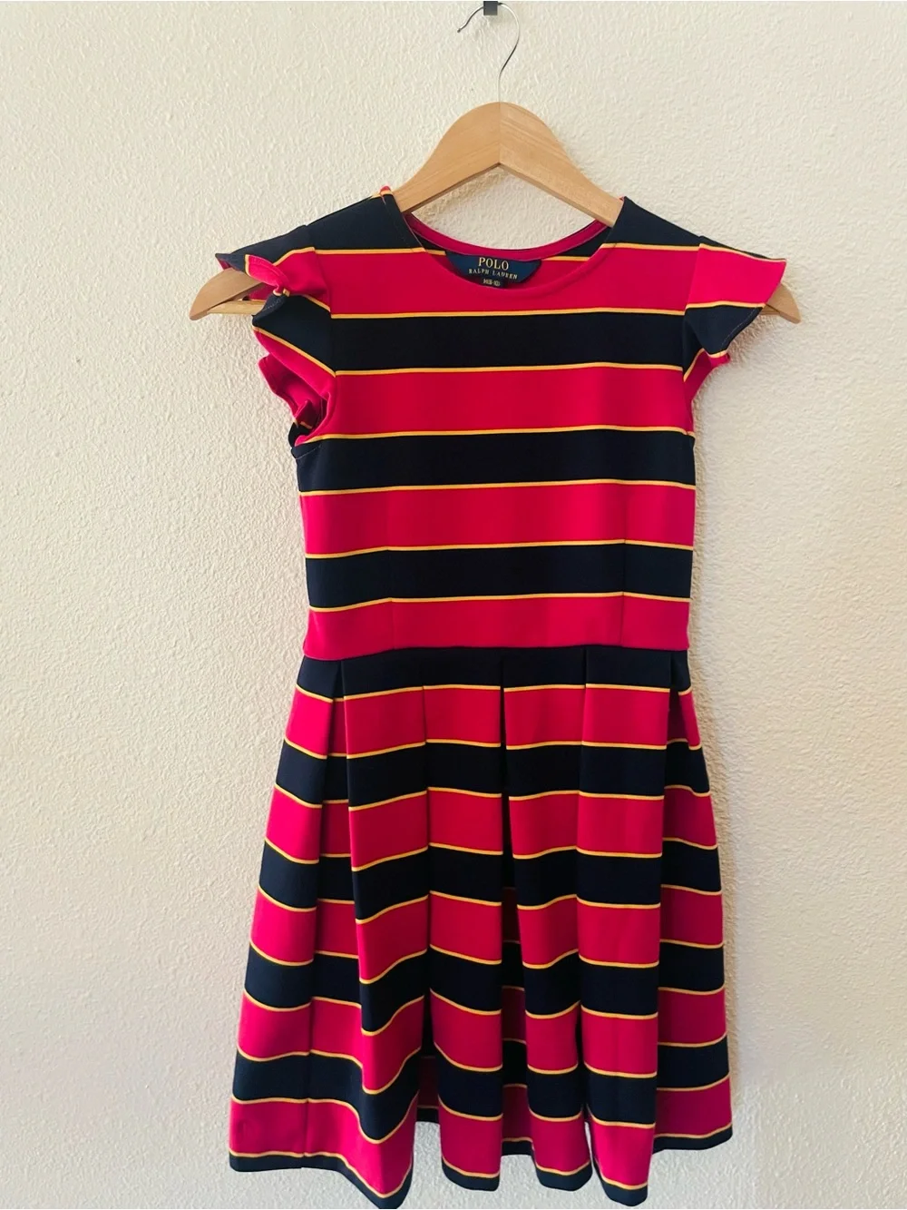 Polo by Ralph Lauren Pink Blue Yellow Striped Fit-and-Flare Dress Size M Flutter